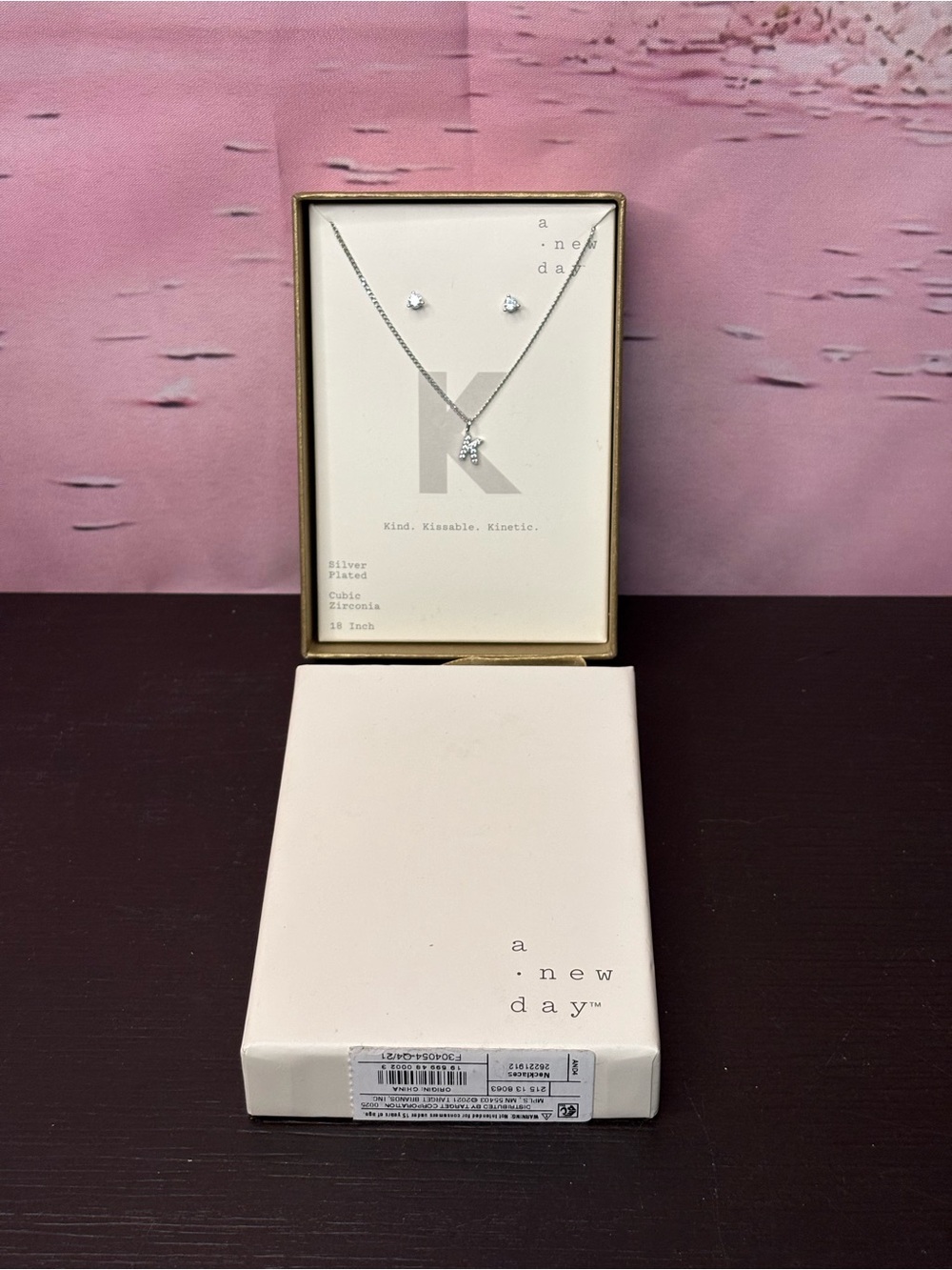 A New Day Silver plated CZ initial K necklace with stud earrings set. New in Box